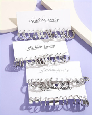 JDENTERPRISES Combo Of 24 Pairs Silver Plated Hoop And Pearl Earrings For Women And Girls Pearl Alloy Hoop Earring