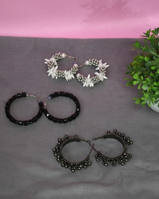 DIVYASHVI FASHION Hoop Earrings (Floral Pearl, Black Beaded & Oxidised Ball Hoops) Pack of 3 Alloy Drops & Danglers, Chandbali Earring
