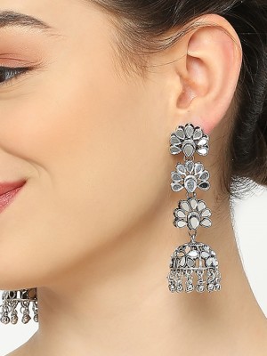 Oomph Oxidised Silver Jhumka Earrings - Mirror Kundan Work Beads, Crystal Alloy Jhumki Earring