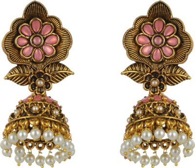 Priyaasi Pink Studded Floral Gold-Plated Jhumka Earrings Brass Jhumki Earring