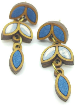 Whe Indigo White Bloom Upcycled Fabric and Repurposed Wood Leaf Dangler Wood Ear Thread