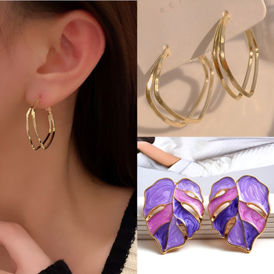 AKISON JEWELS Korean Earrings Combo For Women Girls Gold Hoop Leaf Stylish Trending Trendy Alloy Earring Set, Stud Earring, Hoop Earring