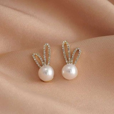 JEWELX Trendy Golden Rabbit Pearl Korean Earrings Cubic Zirconia Alloy Stud Earring