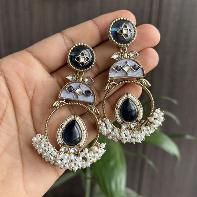 TaranaJewelry Midnight Black & White Kundan Pearl Chandbali Earrings Agate Alloy Chandbali Earring