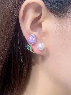 neze NZ 46 Lavender Tulip Pearl Alloy Stud Earring + 1 box free of floating frame box Alloy Cuff Earring