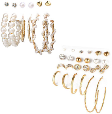 Nehdal Combo of 18 Pair Pearl Stone Studs and Hoop Earrings For Women And Girls Alloy Hoop Earring, Stud Earring