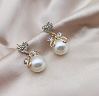 BLINGEE Western Korean Bow Heart Pearl Crystal Earrings for women girls fancy Pearl, Cubic Zirconia, Crystal, Diamond Alloy Stud Earring, Earring Set, Clip-on Earring, Drops & Danglers