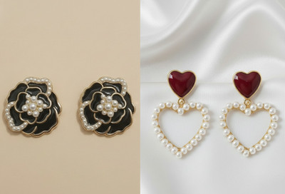 devpm Pack of 2 Gold-Plated Dangler Stud Pearl Enamel Earrings Combo for Women Pearl Alloy Drops & Danglers, Stud Earring