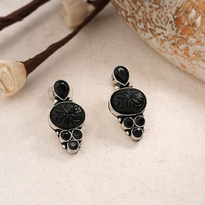 Sanseeta ShilpaRatna- Brass stone studded stud earrings(Black) Zircon Brass Stud Earring