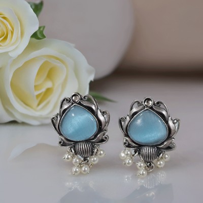 Mrigangi PREMIUM Oxidised Silver Stone Stud Earring Blue Metal Stud Earring