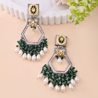 Voylla Antique Opulance Elegant Green Statement Chandbali Earrings Brass Drops & Danglers