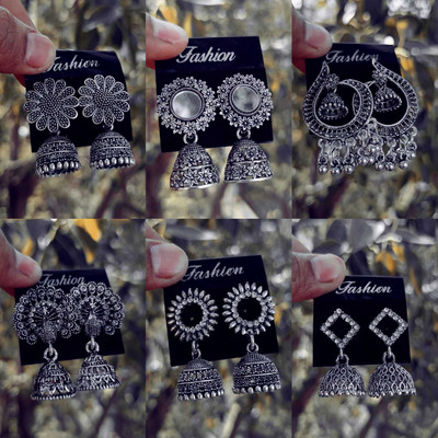 JV CREATION Traditional Oxidized Silver-Plated Jhumka Earrings for Women (Pack Of 6 ) Cubic Zirconia Alloy Chandbali Earring, Drops & Danglers, Stud Earring, Jhumki Earring