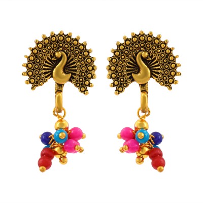 morir Antique Gold Finish Peacock Stud Drop Multi Color Beads Jhumka/jhumki Earrings Pearl Brass Drops & Danglers