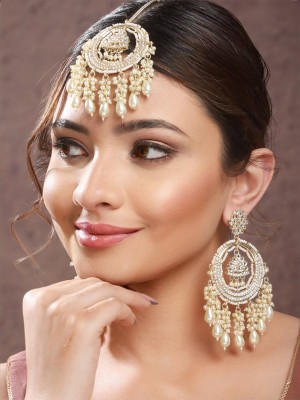 Priyaasi White Floral Pearl Studded Gold-Plated Chandbali Earrings Set with Maangtikka Brass Chandbali Earring