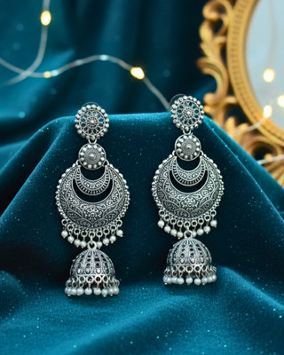 ladoentriprise Royal Oxidised Silver Chandbali Jhumka Earrings for Women & Girls Pearl Alloy Earring Set