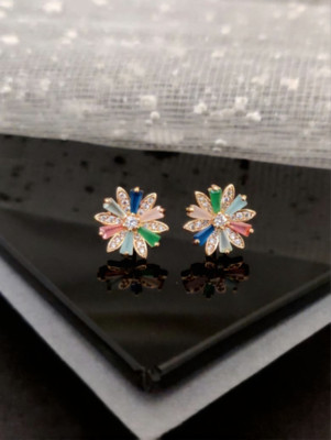immitation Radiant Multi-Color Baguette Flower Stud Earrings Diamond Stainless Steel Stud Earring