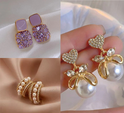 Saugaat Craft Western Party Wear Stylish Combo Pack Of 3 Korean Earrings For Women Girls Cubic Zirconia, Crystal, Pearl Alloy Drops & Danglers, Rhinestone Studs, Stud Earring, Earring Set