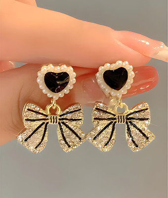 Kryst Kreation Gold Plated Black Bow & Pearl Heart Danglers for Women | Party Wear Earrings, Cubic Zirconia, Diamond, Crystal, Pearl Alloy Drops & Danglers, Earring Set, Stud Earring, Rhinestone Studs