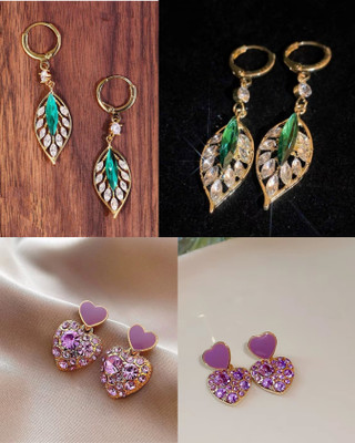 DIVYASHVI FASHION Trendy Combo Earrings Set for Women & Girls – Leaf and Heart Style Crystal, Zircon Alloy Drops & Danglers, Stud Earring