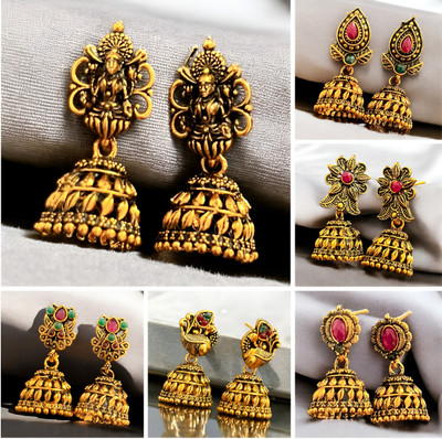 Vigilantee Jewels Antique Temple Jhumki combo set of 6 traditional gold plated alloy minimal Cubic Zirconia, Pearl, Beads Alloy Chandbali Earring, Drops & Danglers, Earring Set, Jhumki Earring