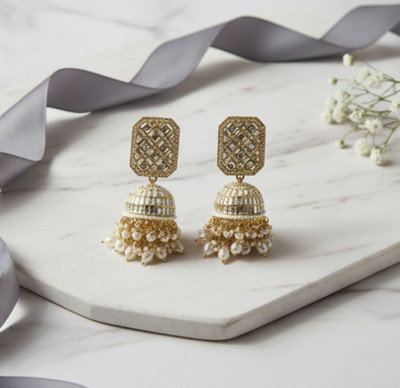 DHVANI Royal Pearl & Gold Geometric Jhumka Earrings Pearl Alloy Chandbali Earring