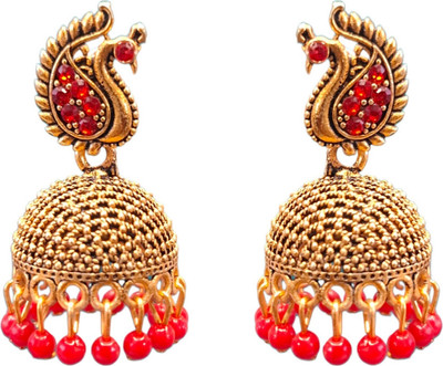 Aksu Gold Plated Peacock Jhumka Earrings with Beads Traditional Jewelry Women Girls Brass Jhumki Earring