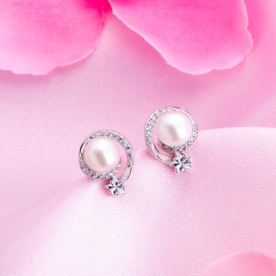 ZAVYA Rhodium-Plated With Certificate of Authenticity Cubic Zirconia, Pearl Sterling Silver Stud Earring