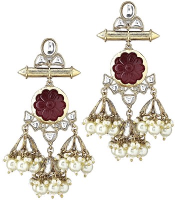 fabula Gold Tone Maroon Jaipur Stones & Kundan Ethnic Traditional Large Beads, Crystal Alloy Jhumki Earring