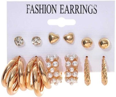 Today Fashion Aesthetic Trending Earring 6 Pair Set Combo In Golden Collection Cubic Zirconia, White Zircon Alloy, Stainless Steel Plug Earring, Earring Set, Cuff Earring, Hoop Earring