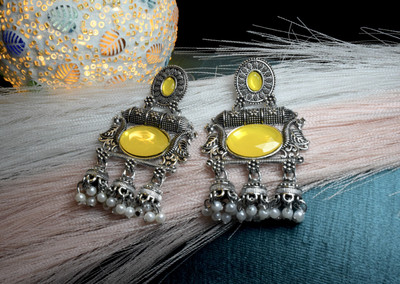 Shahi Pehnawa Vintage Oxidized Silver Chandelier Earrings with Pearl Drops, Traditional Style Crystal Alloy Chandbali Earring, Jhumki Earring, Earring Set, Drops & Danglers