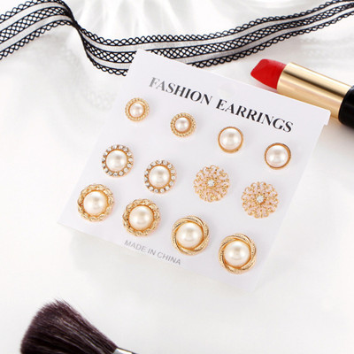 Vembley Classy Unique Flower Pearl Earrings 6 Pairs for women Pearl Alloy Stud Earring