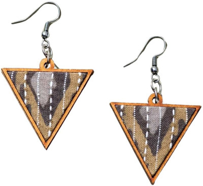 Whe Brown Upcycled Fabric and Repurposed Wood Triangular Earrings Wood Ear Thread