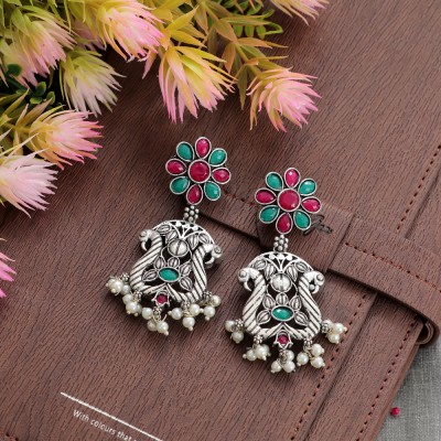 Jewelgenics Ethnic Oxidised Silver Red & Green Green Stone Peacock Earrings for Women/Girls Crystal, Pearl Alloy Drops & Danglers