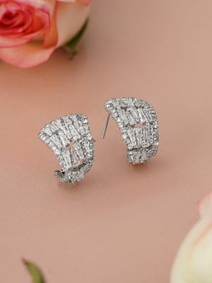 RUBANS Rhodium-Plated Half Hoop Earrings with Baguette & Round Zirconia Studs Brass Stud Earring