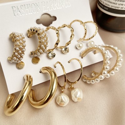 SYGA Pack Of 9 Earrings Set Pearl Gold Plated Hoop & Crystal Pearl Earrings For Women Alloy Hoop Earring, Stud Earring