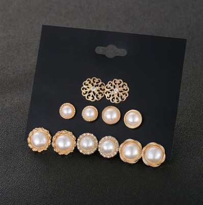 Vembley Combo of 6 Pair Gold Plated Pearl Flower Round Stud Earrings For Women And Girls Pearl Alloy Stud Earring