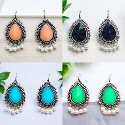 jhumkhas Antique Silver-Plated Teardrop Earrings 4 in 1 Combo Pack for Women & Girls Pearl Alloy Hoop Earring