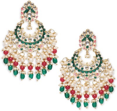 Oomph Green & Red Meenakari Chandbali Earrings with Beads & Kundan for Women & Girls Beads, Crystal Alloy Drops & Danglers