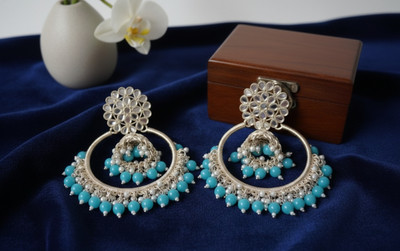 Kivaaa Collections Aqua Oxidised Silver Chandbali Jhumka - Kundan Beads work ,Peral Earring Alloy Chandbali Earring