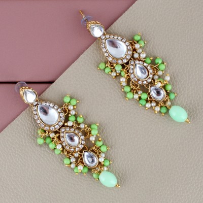 Lucky Jewellery Traditional Gold Plated Kundan Stone Parrot Green Earrings for Girls & Women Beads Alloy Drops & Danglers