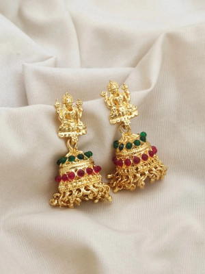 krishna jewel Lakshmi Temple Jhumka Earrings for Women –Gold Plated with Ruby & Emerald Stones Cubic Zirconia Alloy Jhumki Earring
