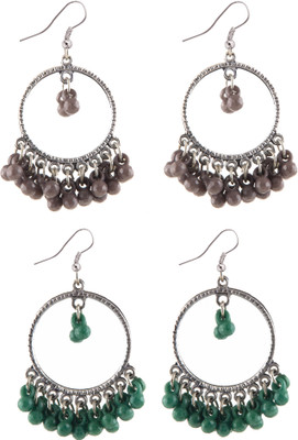 Jamleen Gallery Combo Silver Oxidize Grey & Dark Green Ring Earrings for Girls Alloy Drops & Danglers