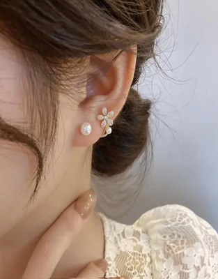 Vembley Vembley Korean Diamond Studded Cross Pearl Stud Earrings For Women And Girls Alloy Stud Earring