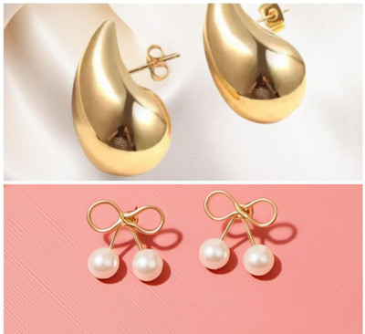 Sabita fashion Pack of 2 western korean bow pearl stud & golden teardrop earrings 4women/girl Alloy Stud Earring, Drops & Danglers