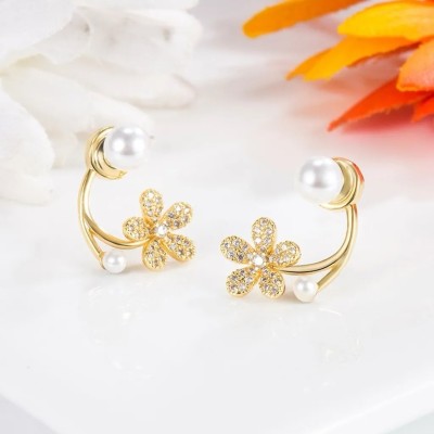 Vembley Beautiful Gold-Plated Korean Beautiful Floral AD Pearl Stud Earrings Cubic Zirconia Alloy Stud Earring