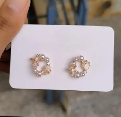 Creeknest Korean Star Fish & Shell Imitation Pearl Stud Earrings with Zircon Accents Zircon, Pearl Alloy Stud Earring