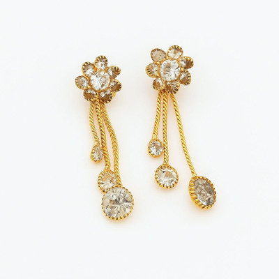 sundaram jewel Gold Plated Floral Dangler Earrings with American Diamond (AD) & Chain Drop Cubic Zirconia Stainless Steel Drops & Danglers