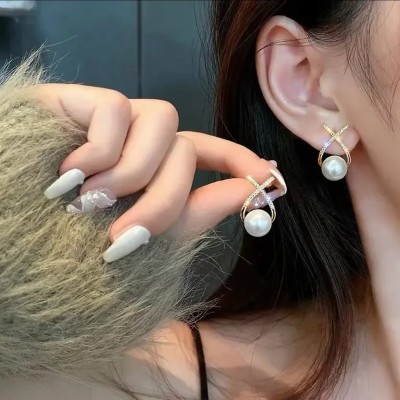 polluxcraft PolluxCraft Korean Earrings For Women & Girls /Pearl Zircon Earrings Pearl Alloy Stud Earring