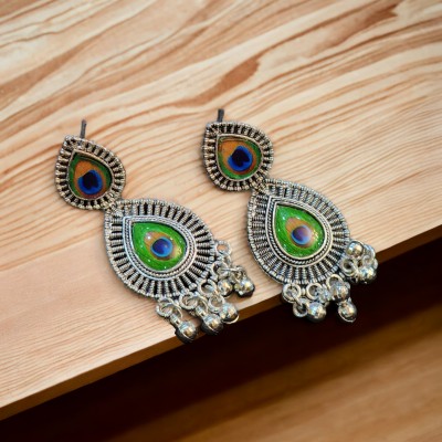 GoldNera Antique Silver Long Peacock Earrings Garba design for Girls Women German Silver Drops & Danglers
