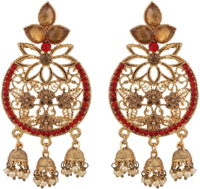 Angel In You Traditional Gold Plated LCT & RED Cubic Zirconia 3 Jhumki Chandbali Earring_AIY Cubic Zirconia Brass Chandbali Earring